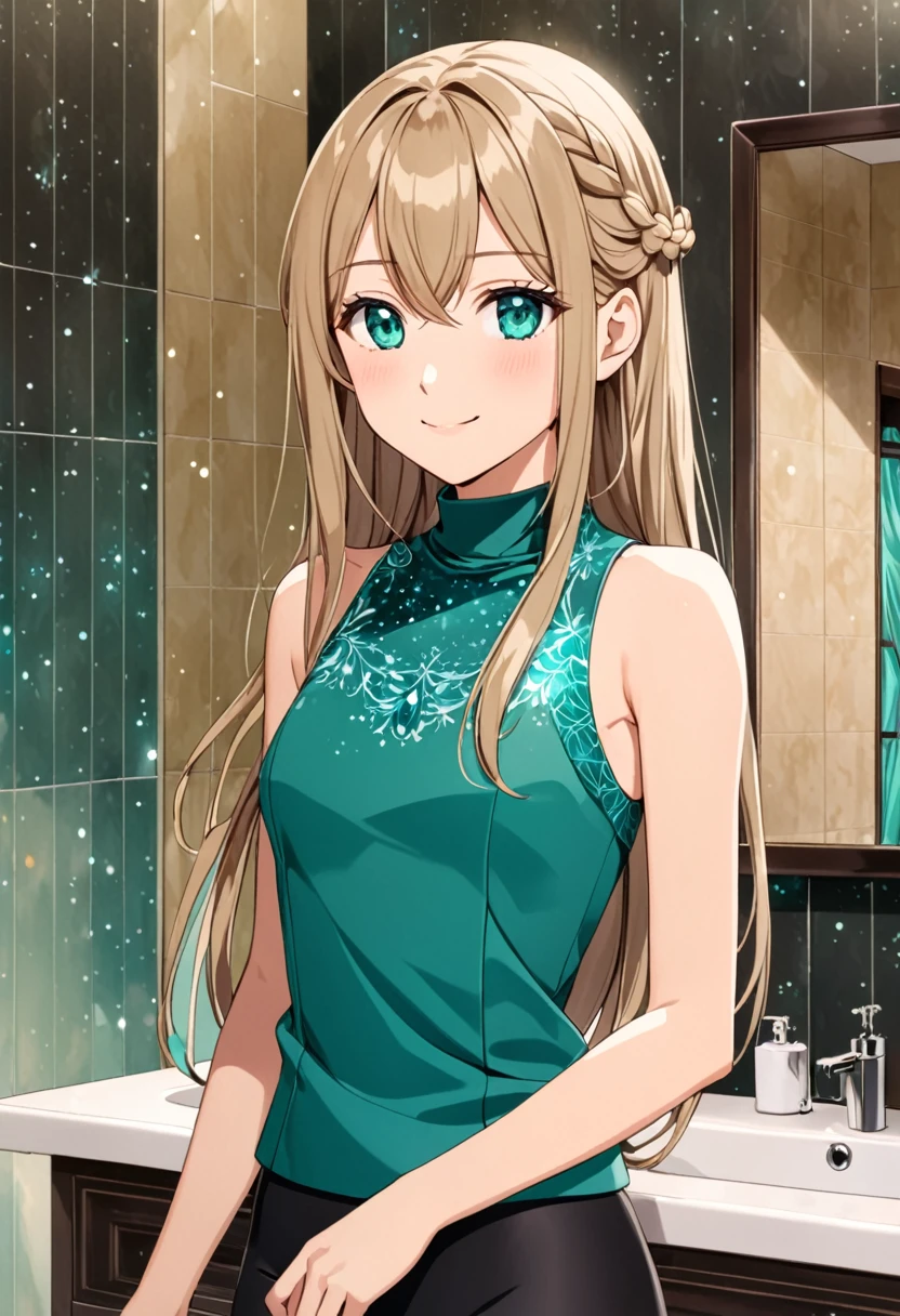 solo, 1, tall, old figure, (straight hair with braid end (dark blonde)), beautiful face, (close mouth:1.2), smiling softly, small breast flat, teal colored crystal themed sleeveless mock-neck dress, black leggings pants and skirts overlay, bathromm, anime style