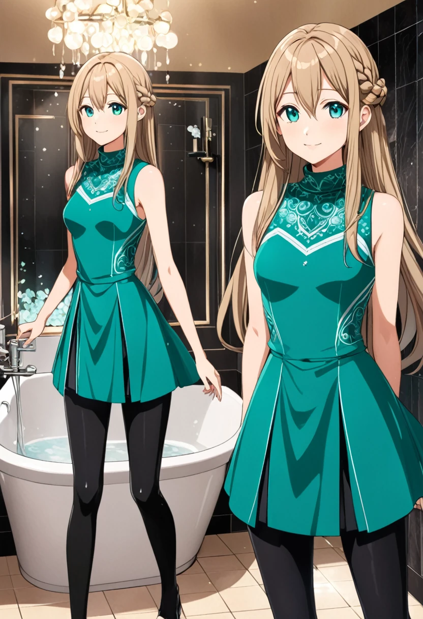 solo, 1, tall, old figure, (straight hair with braid end (dark blonde)), beautiful face, (close mouth:1.2), smiling softly, small breast flat, teal colored crystal themed sleeveless mock-neck dress, black leggings pants and skirts overlay, bathromm, anime style