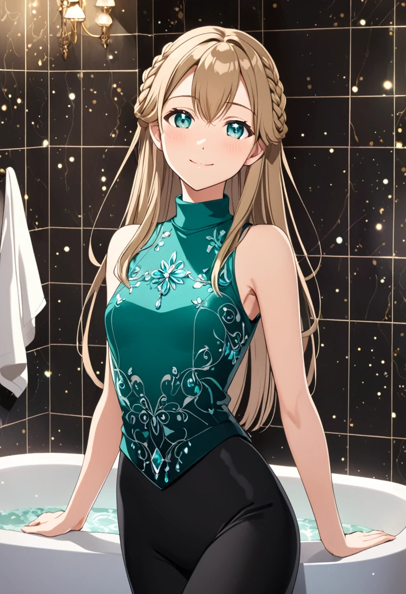  solo, 1, tall, old figure, (straight hair with braid end (dark blonde)), beautiful face, (close mouth:1.2), smiling softly, small breast flat, teal colored crystal themed sleeveless mock-neck dress, black leggings pants and skirts overlay, bathromm, anime style