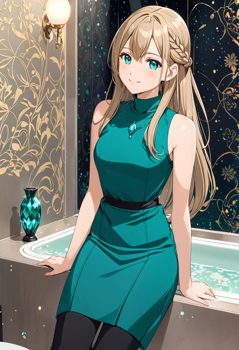 solo, 1, tall, old figure, (straight hair with braid end (dark blonde)), beautiful face, (close mouth:1.2), smiling softly, small breast flat, teal colored crystal themed sleeveless mock-neck dress, black leggings pants and skirts overlay, bathromm, anime style