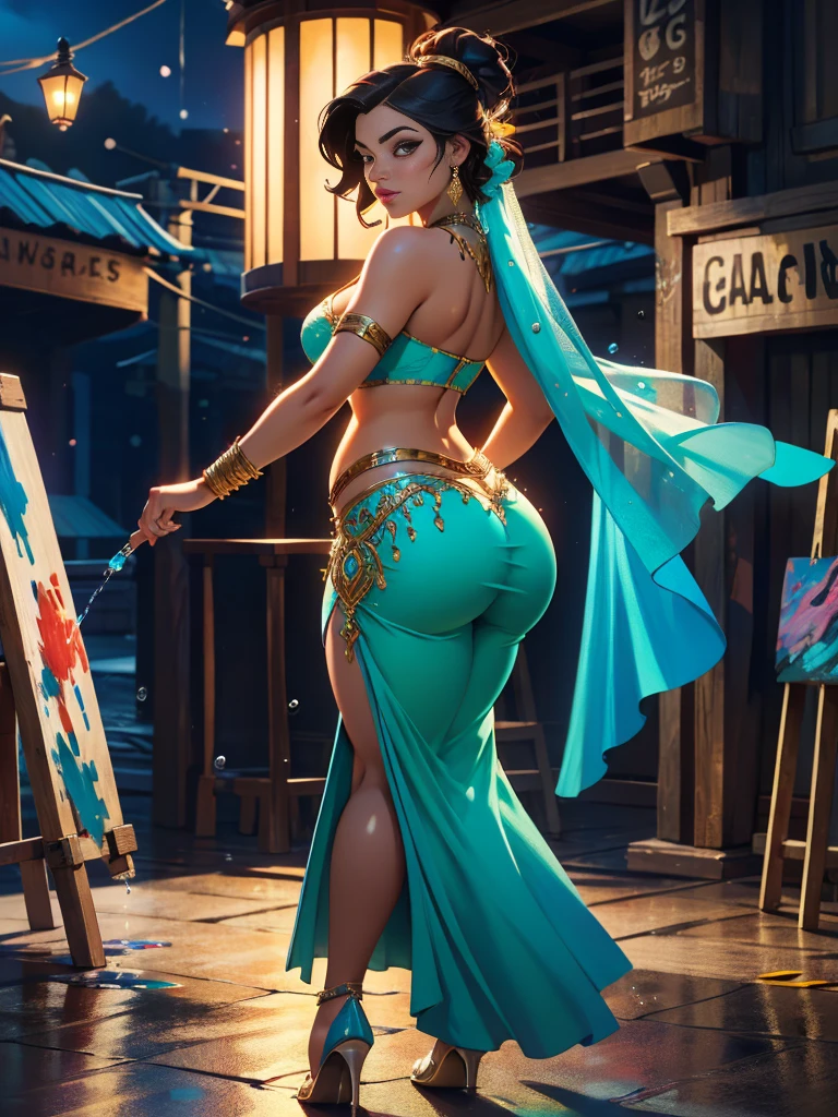 belly-dancer, octane render, hdr, (hyper-detailed:1.15), (soft light sharp:1.2),  1girl, slim and thick, beautiful girl, ultra_detailed eyes, mature, curvaceous, ample hips, (insanely detailed accentuated big booty:1.2), thick thighs, opal drops, paint teardrops, woman made up from paint, ultra_detailed texture body, entirely paint, splat splash, opalescent paint lingerie, paint bulb, outdoor, belly dancing attire, vivid colors, 16k, UHD, HDR10, (masterpiece:1.5), absurdres, (best-quality:1.5),