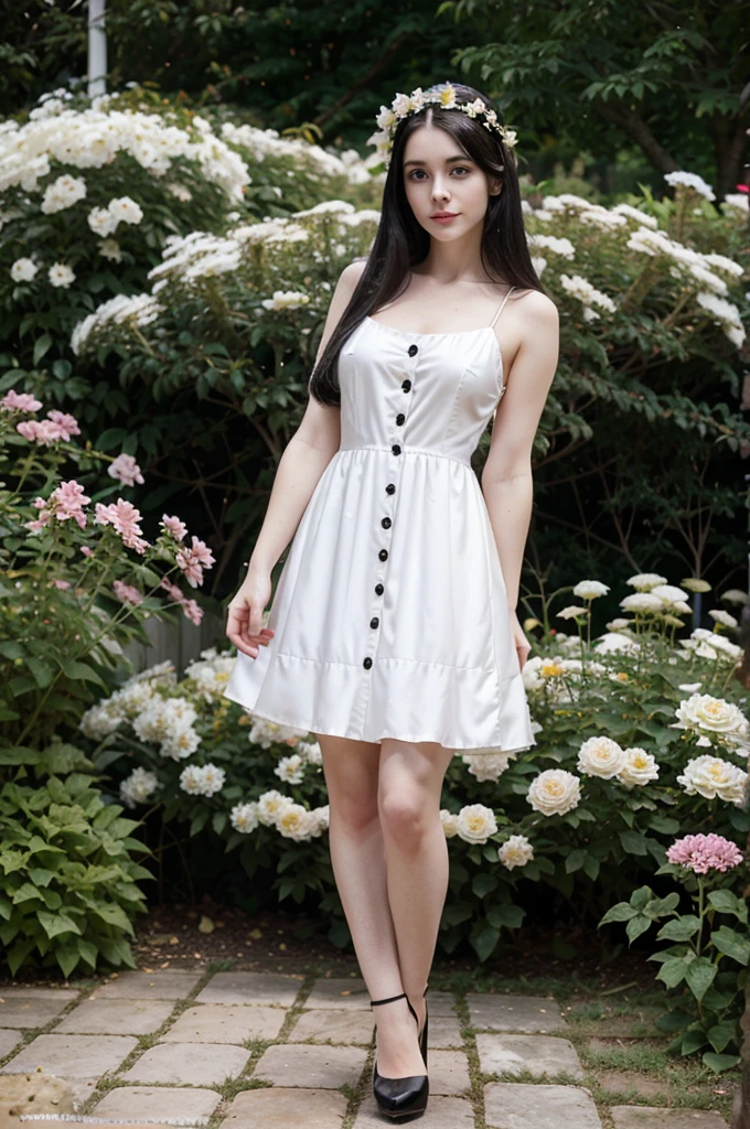 1 woman, 25 years old, british, very pale skin, white skin, black hair, straight hair, long hair, onyx black eyes, straight nose, small button nose, big eyes, long eyelashes, very pretty woman, pink lips, slightly smile, flower crown, in the garden, standing, wearing high heels, wearing short dress, full body