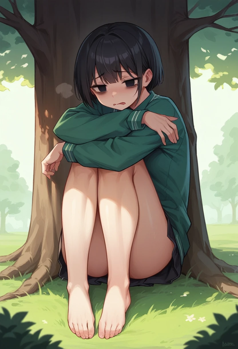 Masterpiece, high quality, Great detail, Giant penis like a tree, raised and wide. a woman, , hugging him and rubbing him with his body, with student uniform, whole body, sad face, using the tongue, legs and arms crossed to the giant member, short black hair, empty eyes, being used as a masturbator