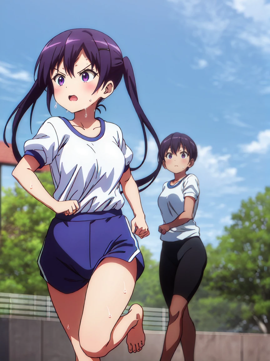 A girl with a tired expression、Let me dash around the schoolyard,girl running,gym shirts,Highest quality,back view,1990s anime style,White shirt and blue bloomers,Angry expression,barefoot,The girl is sweating、Running with a tired look,