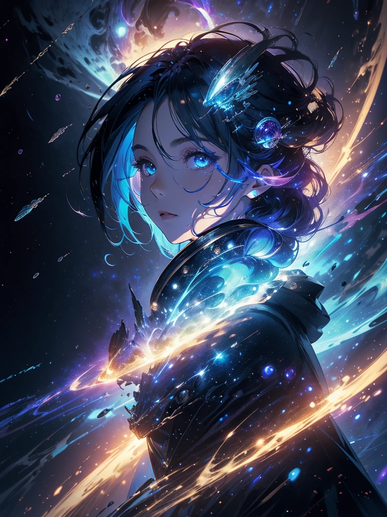 best qualityer, detailded, 4K, CRU photo, work of art, detailded face,, stele, planetes, Galaxy, space,, a photo of anycemar flying in space, hair blue, bangss, long hair, gazing at viewer, 