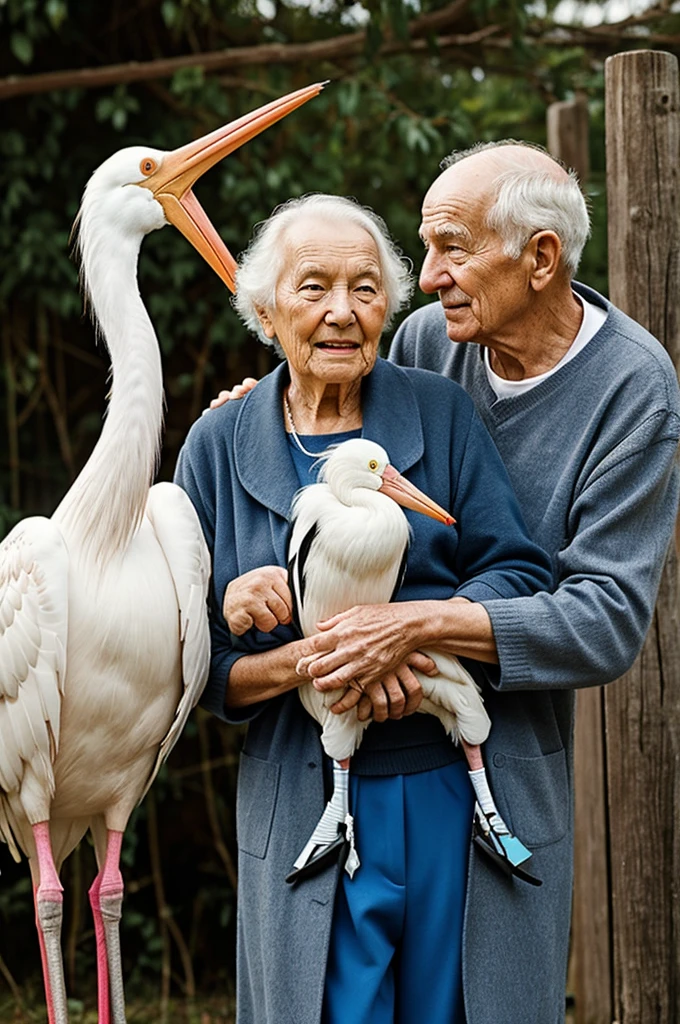 Grandmother and grandfather carried by a stork cute