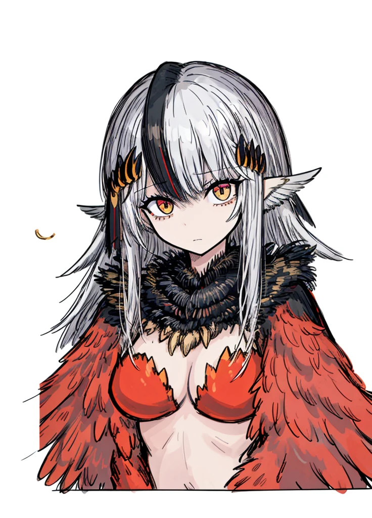 1girl , gold eyes, silver hair ,harpian, feathered wings, bird claws, feathers, harpy ears, queen of the harpies, monarch, royal cape, (high resolution, high detail, best quality), alone, medium breasts, calm