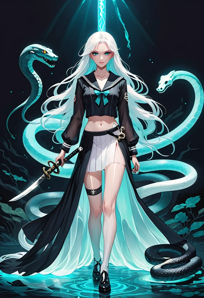 1 Girl,Unique,Long white hair,Black sailor suit pleated skirt,Holding a Japanese sword,Long legs,(((A transparent bioluminescent bone snake wrapped around the body)))