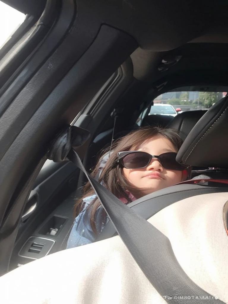 Little beautiful girl pose on car, shining long hair, 7 old