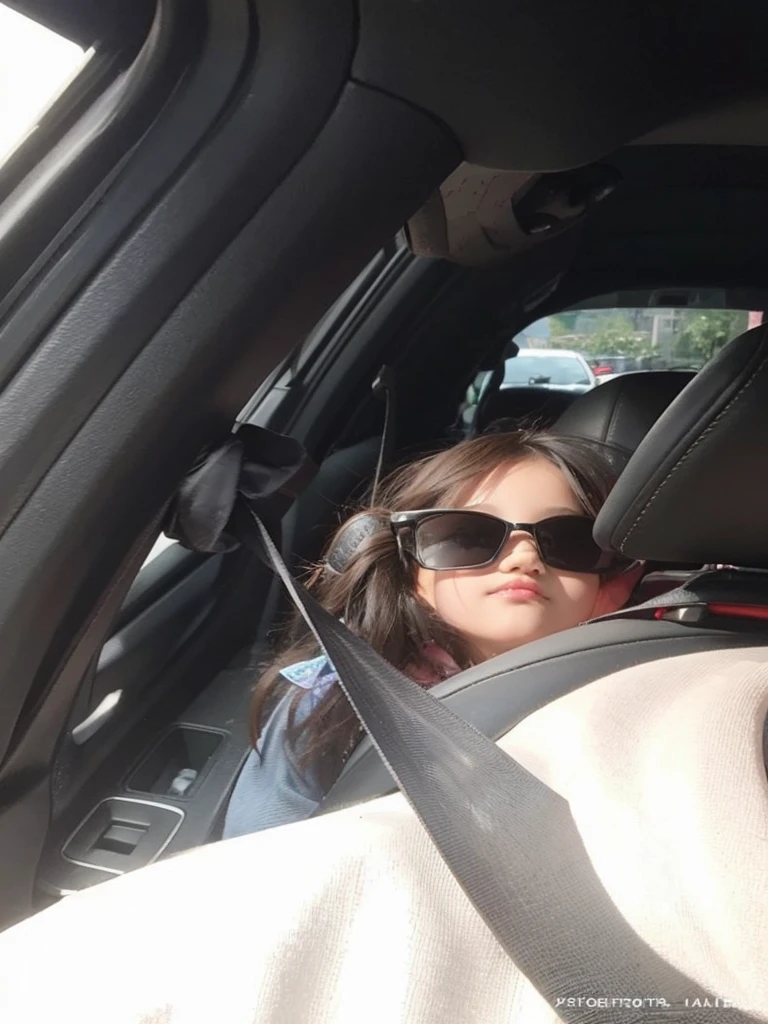 Little beautiful girl pose on car, shining long hair, 7 old