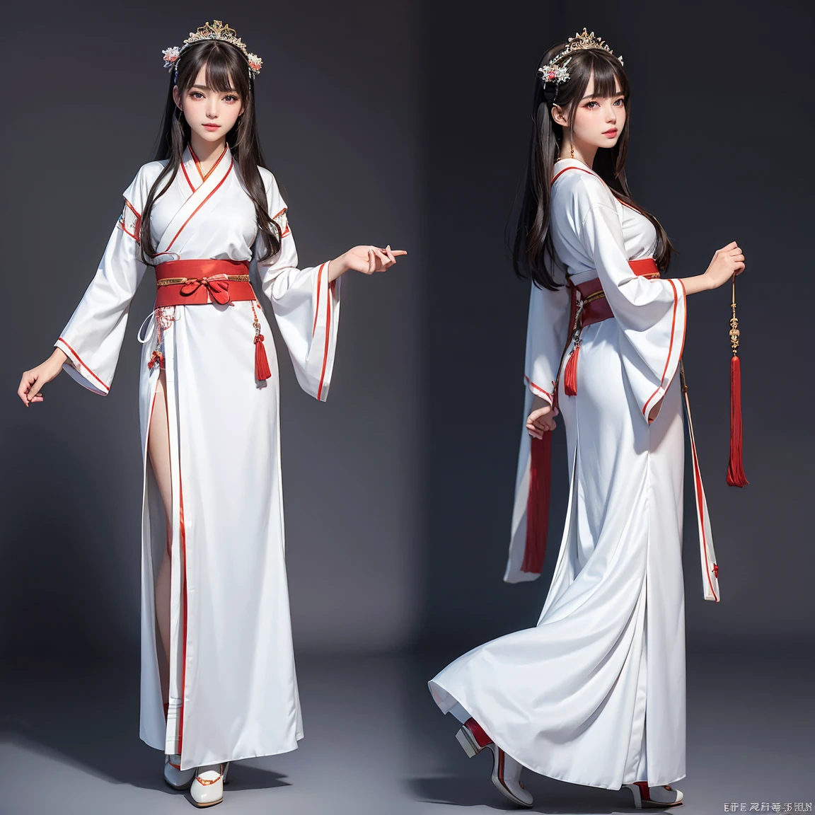NSFW, (masterpiece, best quality:1.5), ultra detailed, high resolution, 16k, the most beautiful face in the world, perfect face, delicate facial features, highly detailed beautiful face and eyes, shiny skin, highly detailed background, elaborately designed, fine cloth texture, BREAK, (gorgeous and stunning age girl in hanfu:1.3), perfect make-up, deeply in love, full of elegance, (full body:1.5), (three view drawing, front and back and side, character sheet:1.3)
