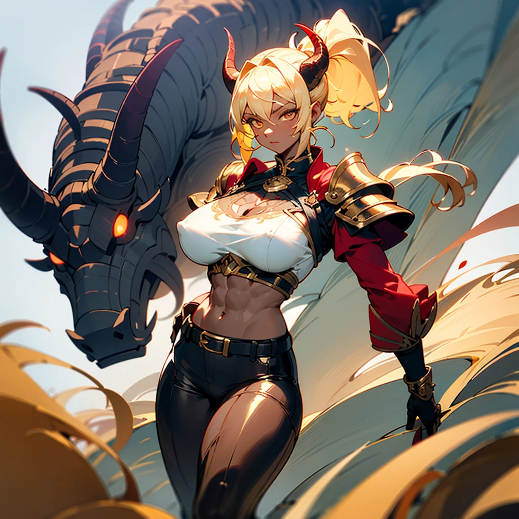 tan lines, black skin, huge breasts, Chinese dragon background, blond hair, curved hips, red eyes, leggings, glowing effect, warrior, fantasy, gold ornament, walking