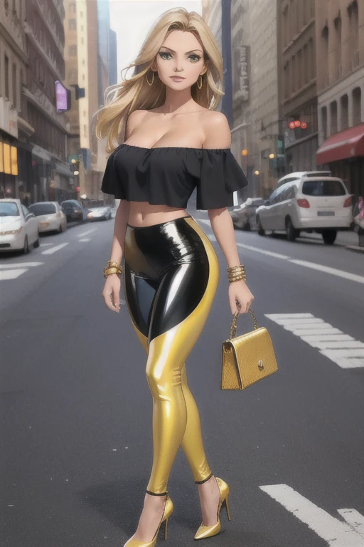 (Best quality: 1.0), (Super High Resolution: 1.0), beautiful mature 36 year old woman, standing at approximately 5'1" tall, tan-olive skin, long blonde hair, green eyes, mascara, red lipstick, closed lips, closed mouth, slim physique, medium breasts, cleavage, (Wearing: shiny black leggings and yellow off-shoulder top, golden bracelets and high heels) outside on New York street, cowboy shot, full body
