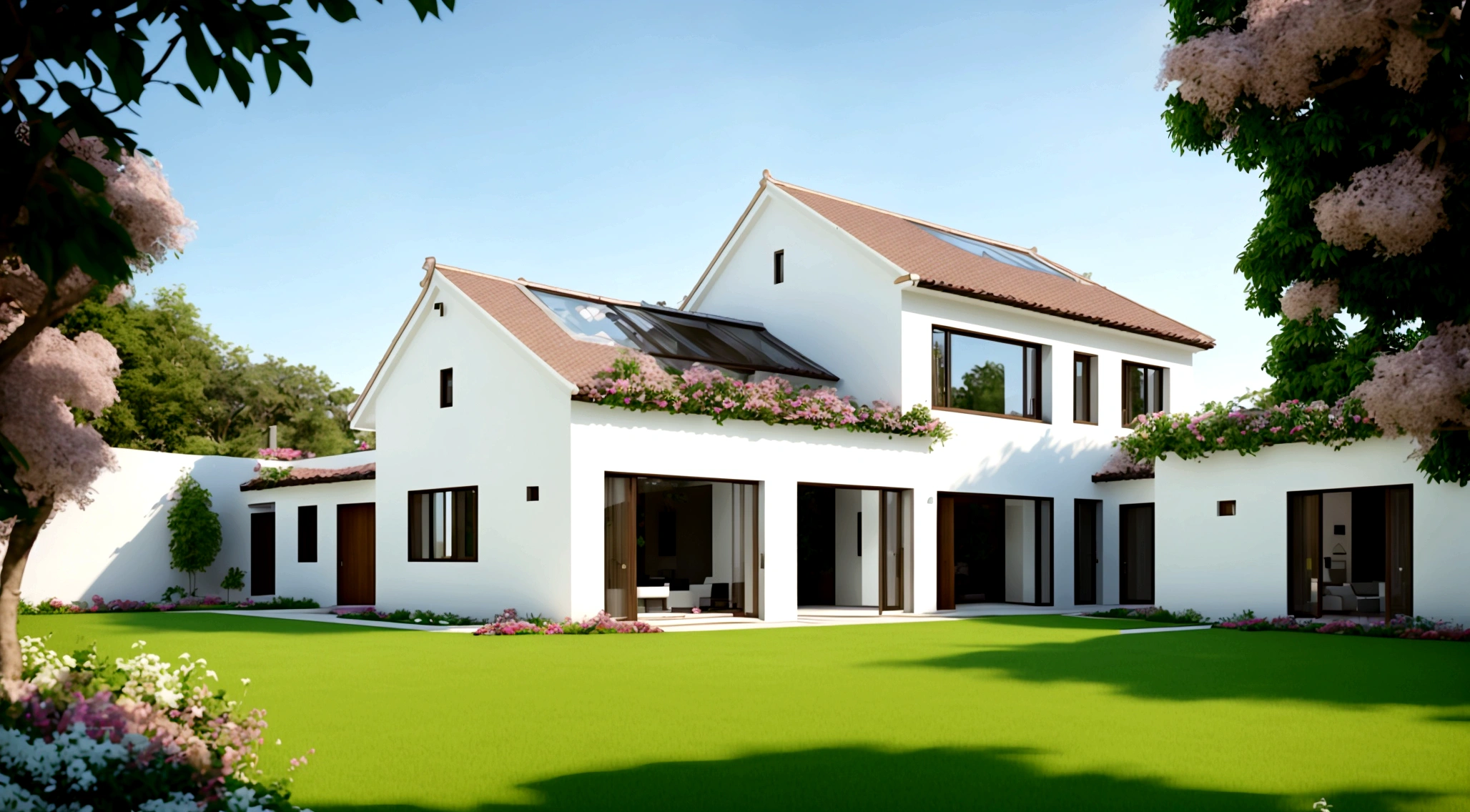 Exterior, (white wall:1.1), roof tiles, Wooden ceiling, granite, glass doors, glass railings, simple but elegant interior, surrounded by flowers and grass, blending with nature Nature, fresh air, natural light, surreal, high-end. -end. -quality images. Realistic images, 8K