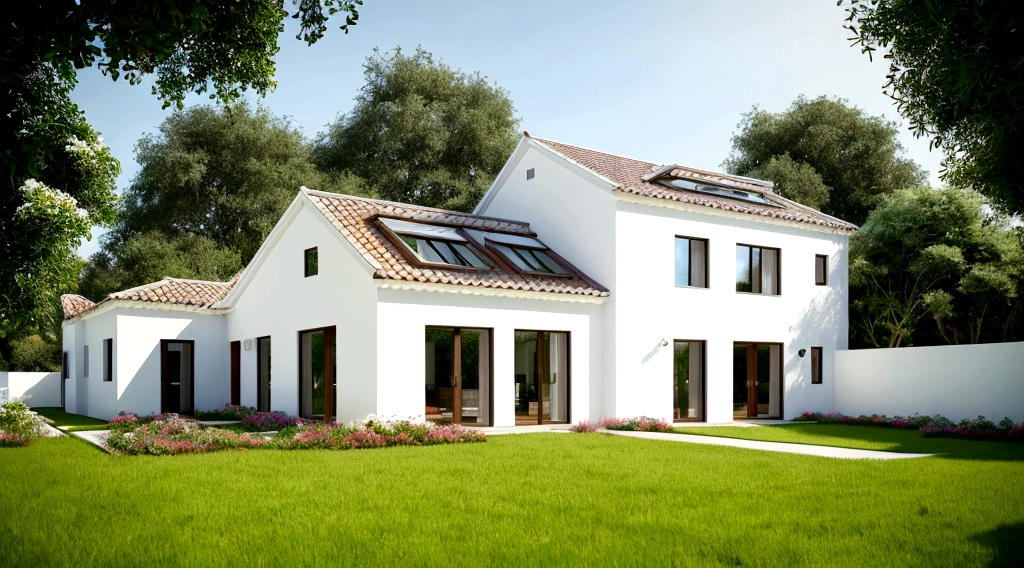 Exterior, (white wall:1.1), roof tiles, Wooden ceiling, granite, glass doors, glass railings, simple but elegant interior, surrounded by flowers and grass, blending with nature Nature, fresh air, natural light, surreal, high-end. -end. -quality images. Realistic images, 8K