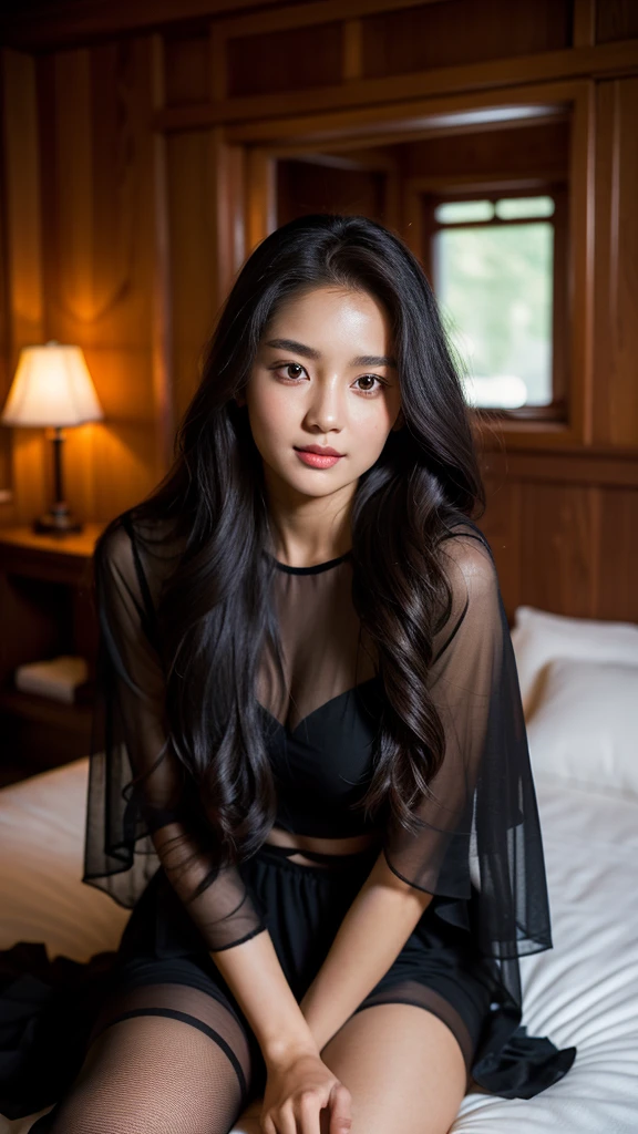 "A beautiful young woman with long, wavy hair, wearing a black, sheer outfit, sitting on a bed in a warmly lit room. The woman has a captivating gaze and a confident pose, with a background featuring a cozy, wooden interior and soft lighting."