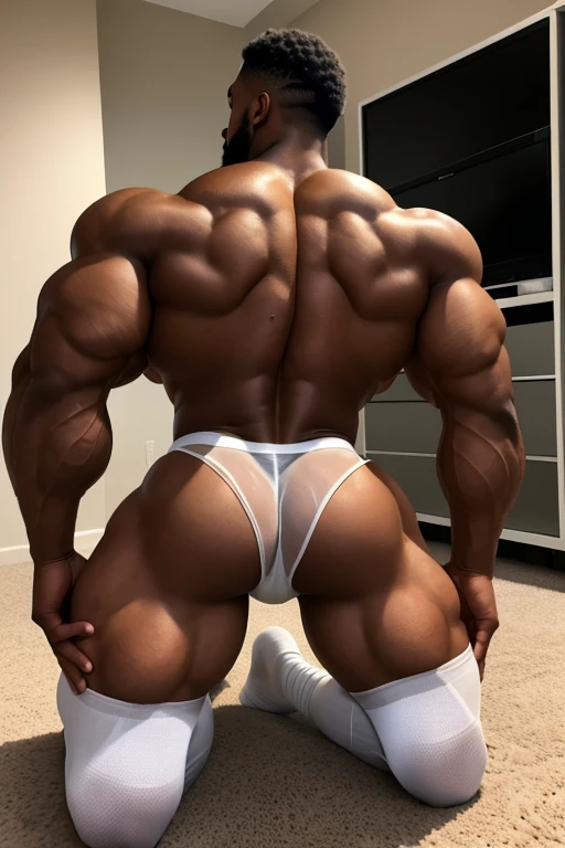 sexy african american teenager with semi-short hair and a lot of body hair, super strong with a lot of muscle., completely naked, cleans the floor of an expensive apartment kneeling on his back showing his butt, He wears a very short, torn shirt and transparent white socks., has a cat's tail