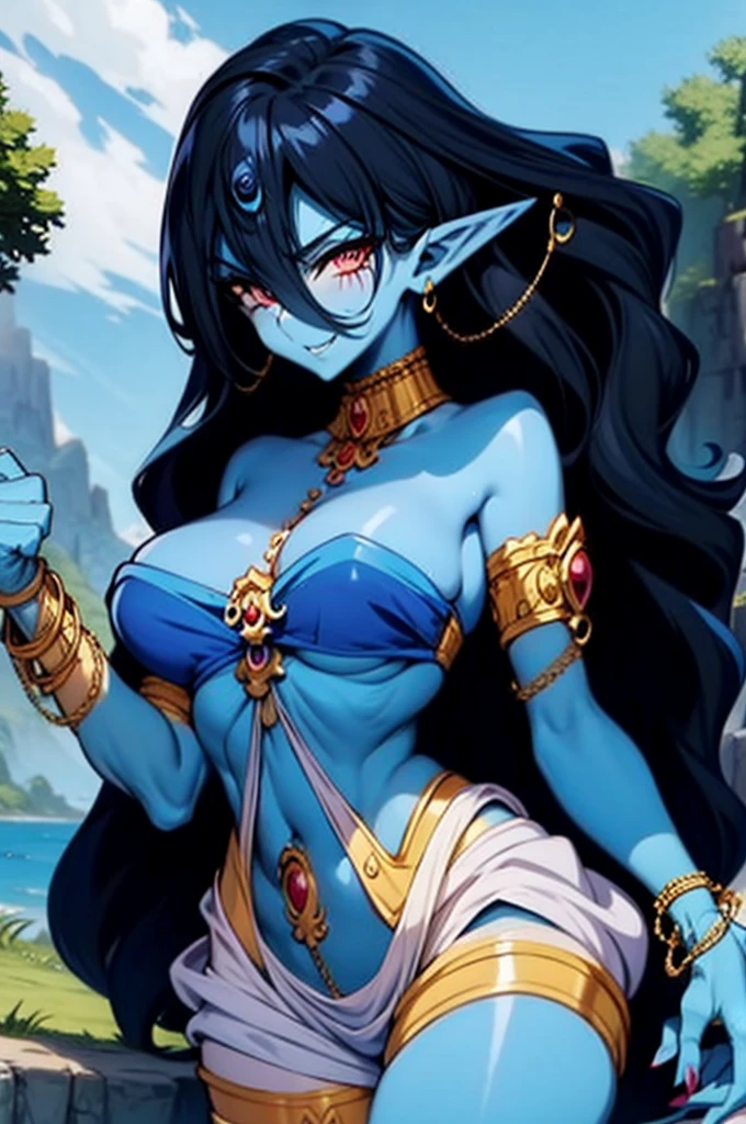 (Masterpiece, best quality, official art, 8K), ultra-detailed, a cartoon image of a Sky Blue Skinned female Djinn with blue hair and a chain around her neck, Human Hybrid Djinn, ((((sky blue skin)))), skin genie girl sky blue, (perfectly detailed hands and fingers), alone, Krenz Cushart and Artgerm, aesthetics!!!!!!, female genius, she is huge, beautiful girl genius, artgerm comics, colorful artgerm!!!, artgerm style, in the artgerm style, artgerm style, Asian Water Elemental Woman, Goddess Inanna, The Greek goddess Afrotita, aesthetic!!!!!!, (1 Female Genie Djinn), (Big Breasts), Beautiful Genie, Evil Goddess, Djinn Character, Detailed Body, mega detailed sensual body, perfect goddess body, Cuffs with Hanging Chains, Colorful Concept Art, Spiritual Fantasy Concept Art, female genie, ((blue hair)), Sky blue skin, Djinn girl, (Sky Blue Skinned Elf-Djinn).