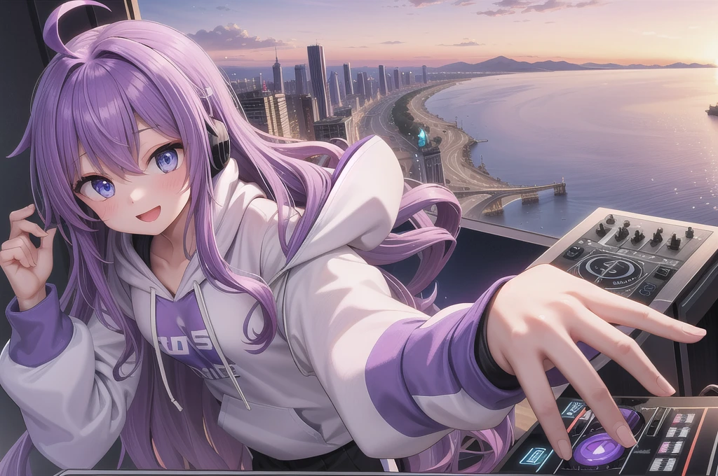 One girl, alone, 20-year-old, Blue Eyes, Purple Hair, Long, beautiful wavy hair, Ahoge, nice smile, White hoodie, Spectacular views, D Cup, Godley, headphone, Detailed DJ equipment, djing, masterpiece, Uplifting, Fine Fingers, 最high quality:1.4, high quality, detailed