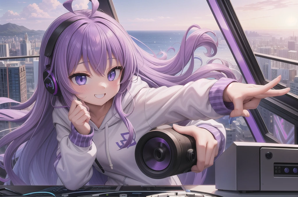 One girl, alone, 20-year-old, Blue Eyes, Purple Hair, Long, beautiful wavy hair, Ahoge, nice smile, White hoodie, Spectacular views, D Cup, Godley, headphone, Detailed DJ equipment, djing, masterpiece, Uplifting, Fine Fingers, 最high quality:1.4, high quality, detailed