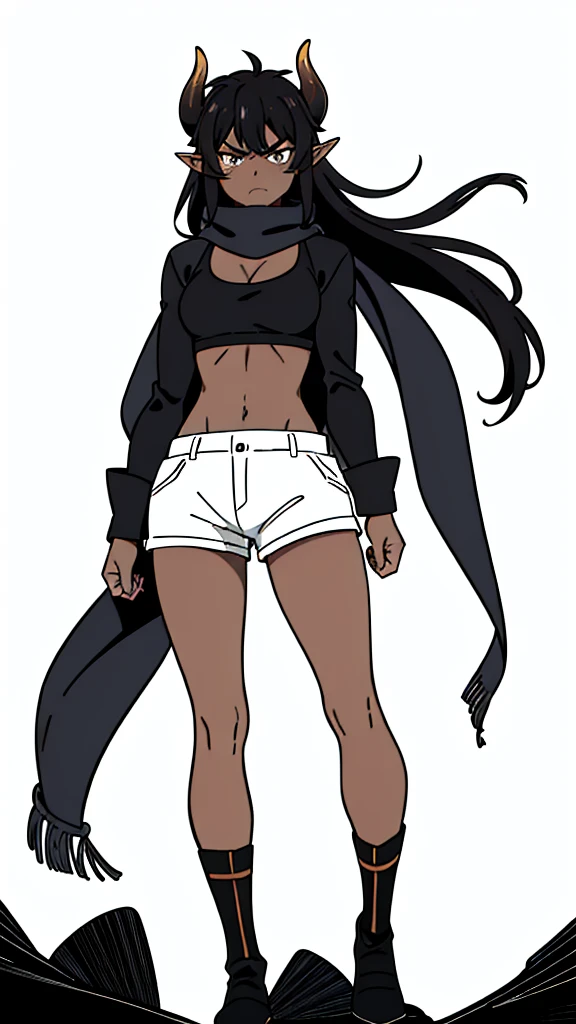 (1girl ,25s,adult,mature female),long hair, black hair,horns,elf ears,((black scarf)),cleavage,(((dark skin))),(black sports bra,black sports, shorts, midriff),leather boots,(white background, line drawing),long sleeves,((angry)),standing, punch,(looking at view),cowboy shot