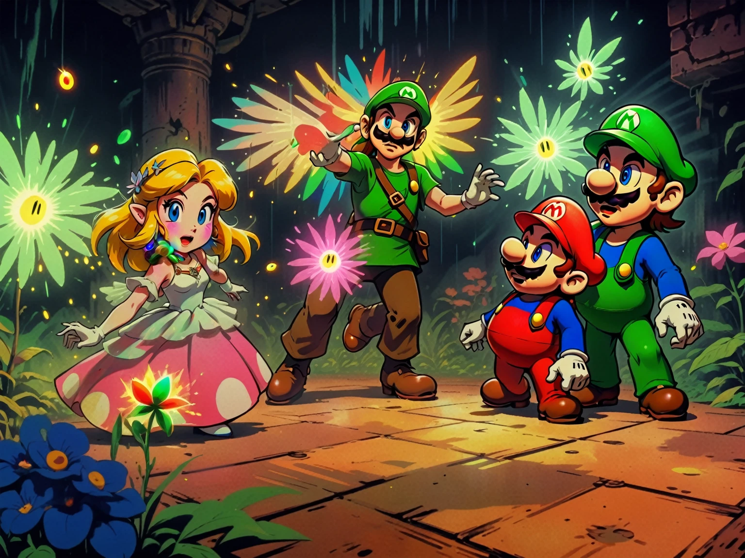 1990's animated tv show screengrab, subliminal fireflies and glowing flowers, Legend of Zelda crossover Mario Bros. , VHS, glitch, distorted, nostalgia, 90's retro vibes, analog tape, vcr aesthetics, tv, television, comic 1990's, animated tv show screengrab, Zelda and Super Mario cast dancing stanky boogie, cinematic poster, image within image, multiple exposure, massive scale, rich color grading for shading depth, hand drawn rotoscope cartoon realism, chiaroscuro lighting, mixed media, vintage comic, retro original design, 1990's comic, sense of movement energy, taking flight, tropical rot, rewilding, (full roygbiv color) ink charcoal expressive illustration, Zelda and Mario aesthetics