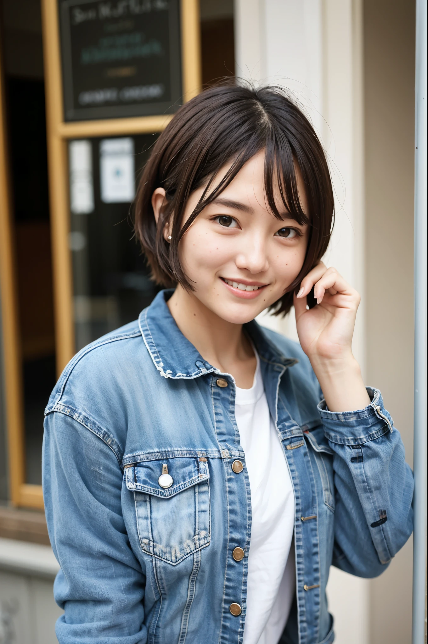 Best-quality, Masterpiece, Ultra-High-Resolution, (Photorealistic:1.4), Raw-Photo, at hotel-room, 1girl, 15-years-old, the most famous Japanese idol, ((wearing only navy-blue jacket)), sitting on luxurious-chair, extremely cute face like the most popular Japanese idol, extremely beautiful big-eyes, extremely beautiful black-short-cut-haired, extremely beautiful skins, extremely beautiful long-eyelashes, extremely beautiful lips, looking at viewer, innocent-smile