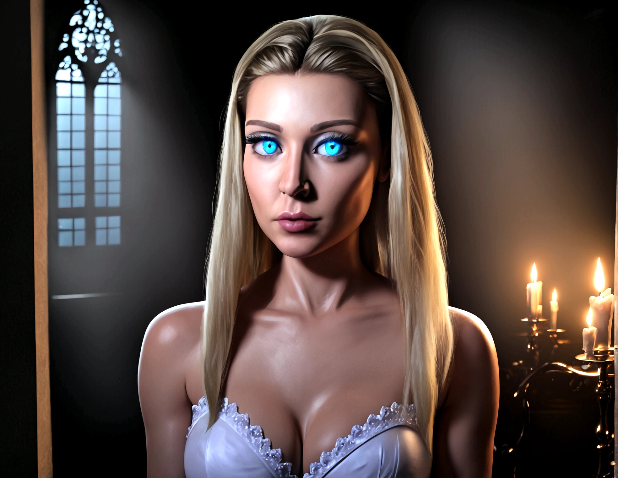 a beautiful young woman with blonde hair wearing a sheer white dress, detailed facial features, sparkling blue eyes, delicate lips, long eyelashes, elegant posture, lavish and ornate magic dungeon background, high ceilings, glowing candles, gothic architecture, moody lighting, dramatic shadows, photorealistic, hyper detailed, cinematic, 8k, (best quality,4k,8k,highres,masterpiece:1.2),ultra-detailed,(realistic,photorealistic,photo-realistic:1.37),dramatic lighting,rich colors,female portrait,cinematic,fantasy,gothic,dark,dramatic
