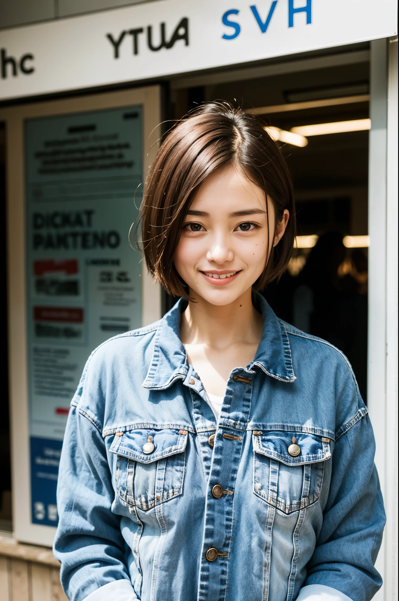 Top quality, 1 beautiful woman, super short hair, blonde hair, Denim Jacket , shy-smile, Sunlight