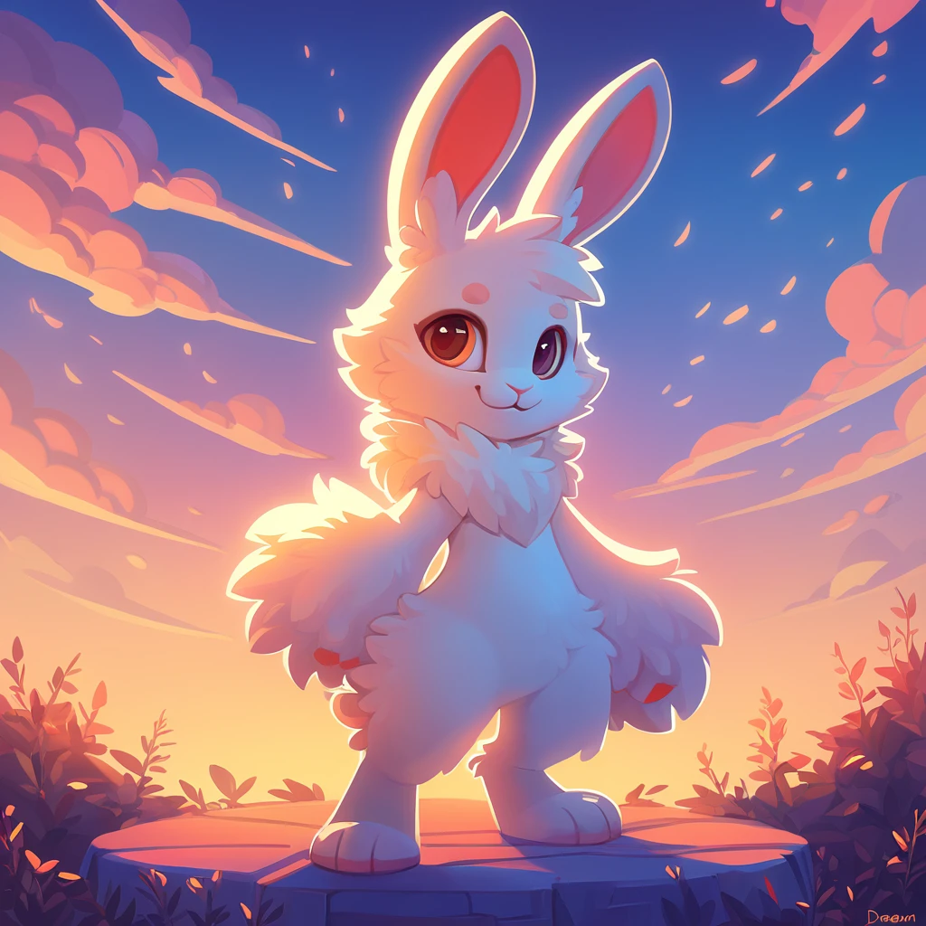 super fluffy rabbit in dreamworks art style, evening background