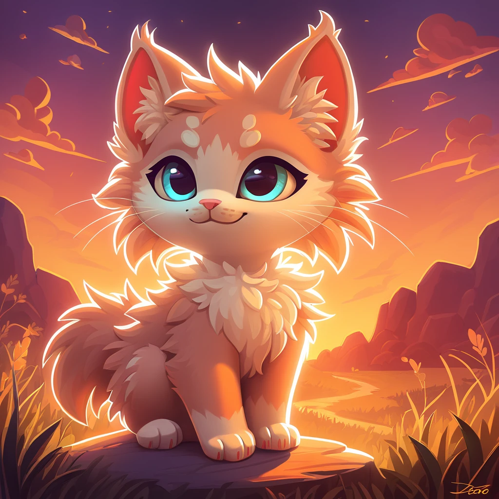 super fluffy kitten in dreamworks art style, evening background