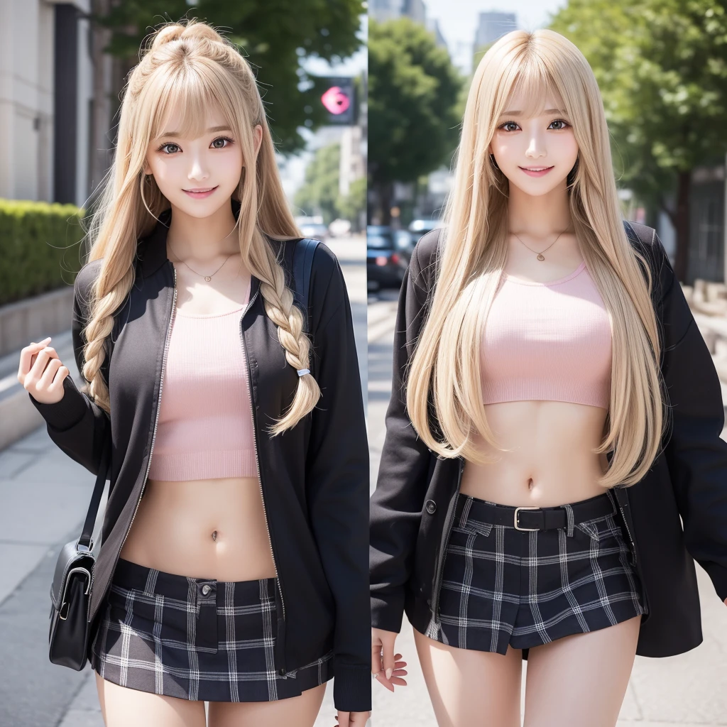 Sexy big ,のbeautiful少女はセクシーでかわいい & かわいいbeautifulセクシーな顔, A strong wind blows my hair in front of my face,beautiful super long metallic blonde French braids and、beautiful, Cute and sexy eyes hidden behind long bangs、Belly button shirt、Very short pink and black checkered miniskirt、Turn around and look at me with a smile、