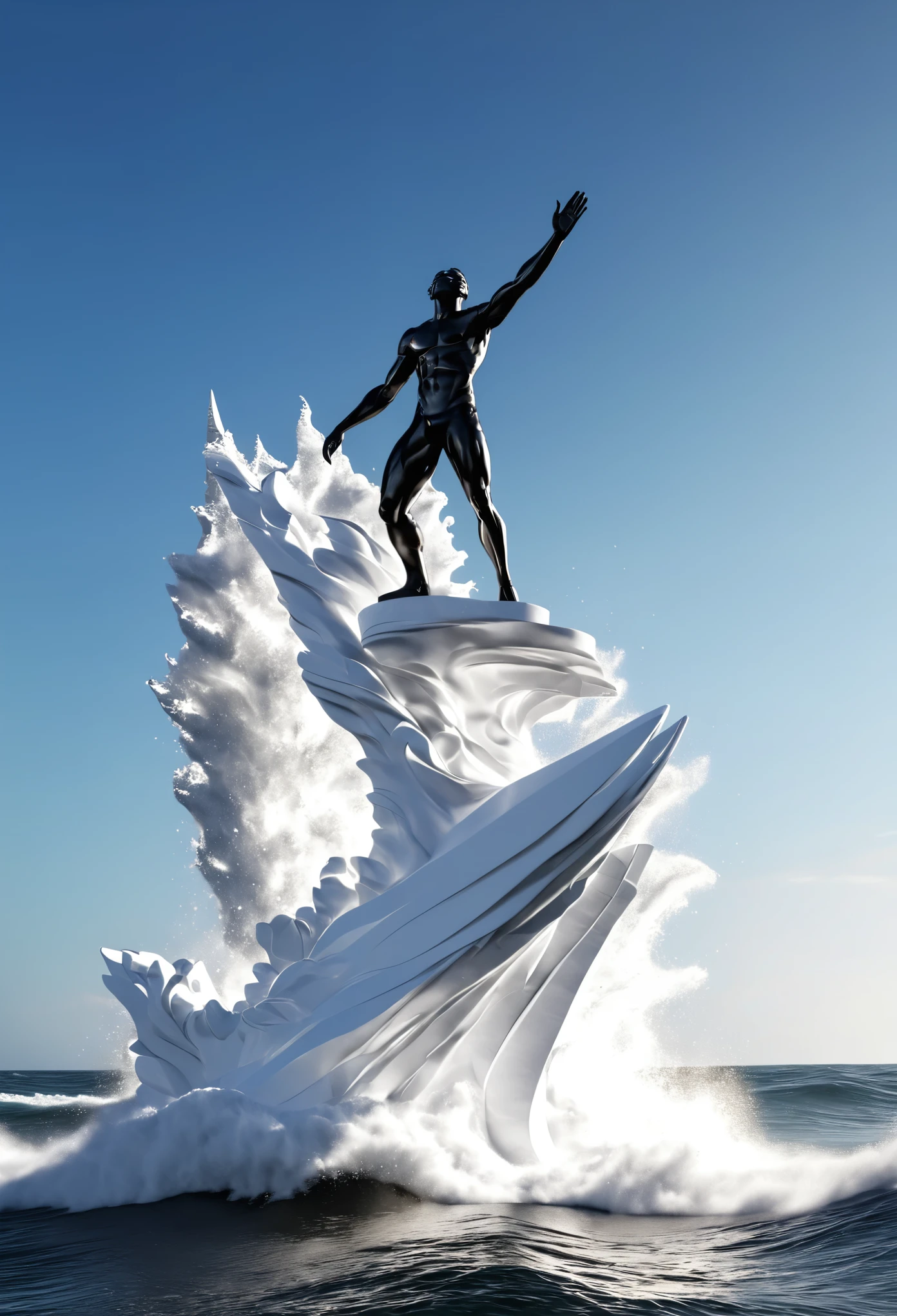 Full body shot of a black man sculpture standing on top of an ocean wave sculpture ascending like a rocket to the skies, the art piece is on a shiny reflecting surface. 32k ultra HD, unreal engine rendered, hyper-realistic image,