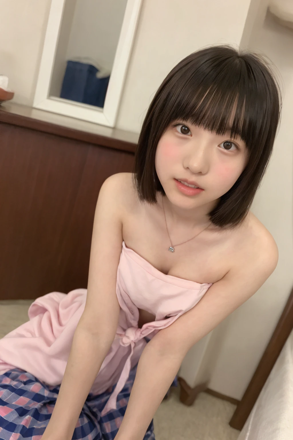 (nude :1.80),(Pink Hair :1.3),((highest quality))、(masterpiece:1.4)、RAW Photos、8k、((Best image quality))、 ((High resolution))、Beautiful face in every detail、Realistic human skin、Gentle expression、(One Woman:1.3 )、Realistic、Photorealistic、(Short hair on the extra belly:1.4)、(Beautiful woman)、(Cute Japanese Girl)、(boyish:1.35)、((mannish))、((Beautiful woman))、(Beautiful Hair)、((Dark brown hair))、(((Red cheeks)))、((sheの目は大きいです))、20 year old beauty、(sheの顔は小さいです:1.7)、Small Head、((Long neck))、White skin、Immaculate skin、With bangs、Everyone longs for、日本のBeautiful woman、eight-headed body、(((date)))、((she))、(necklace)、(Music Festival:1.4)、blue sky、looking at the camera、(Concert T-shirts)、smile、(Larger clothes:1.3)、Happy expression、