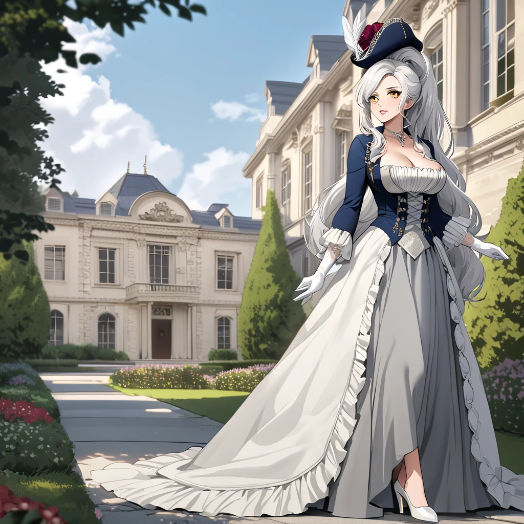 A woman wearing a British lady's dress from the 1700s, gray dress with silver details, large breasts, perfect face, perfect eyes, perfect lips, long sleeves, luxury madam's hat with white feathers and silver details, long white hair , ponytail hair, white gloves, white heels, yellow eyes, standing, walking on a concrete sidewalk in a luxury garden, a mansion in the background, British aesthetics from the 1700s,
