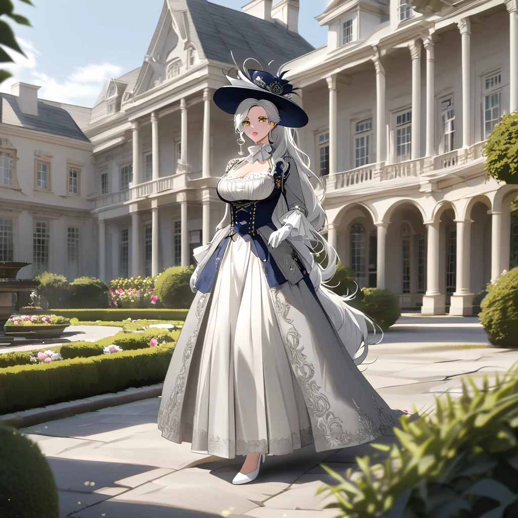 A woman wearing a British lady's dress from the 1700s, gray dress with silver details, large breasts, perfect face, perfect eyes, perfect lips, long sleeves, luxury madam's hat with white feathers and silver details, long white hair , ponytail hair, white gloves, white heels, yellow eyes, standing, walking on a concrete sidewalk in a luxury garden, a mansion in the background, British aesthetics from the 1700s,
