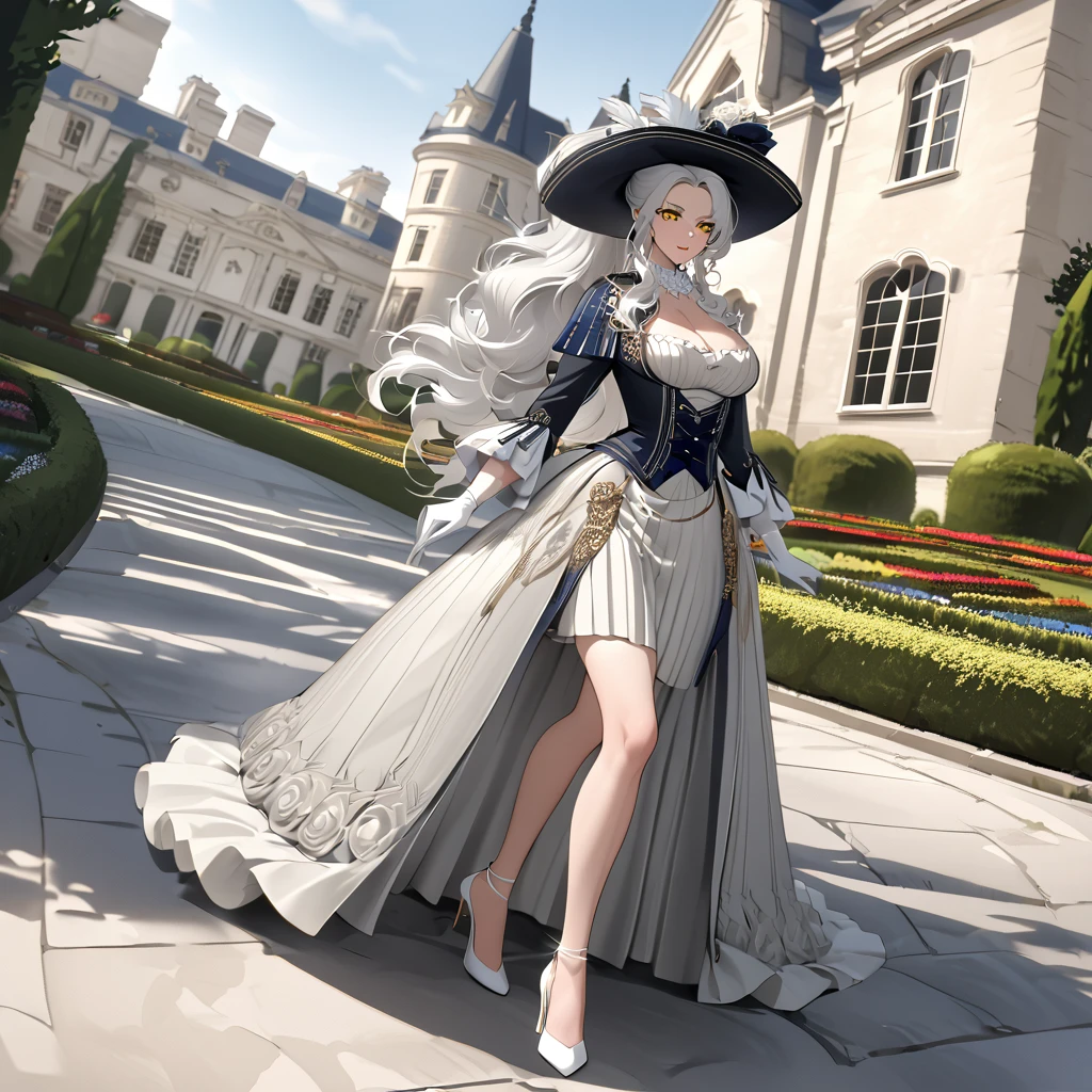 A woman wearing a British lady's dress from the 1700s, gray dress with silver details, large breasts, perfect face, perfect eyes, perfect lips, long sleeves, luxury madam's hat with white feathers and silver details, long white hair , ponytail hair, white gloves, white heels, yellow eyes, standing, walking on a concrete sidewalk in a luxury garden, a mansion in the background, British aesthetics from the 1700s,
