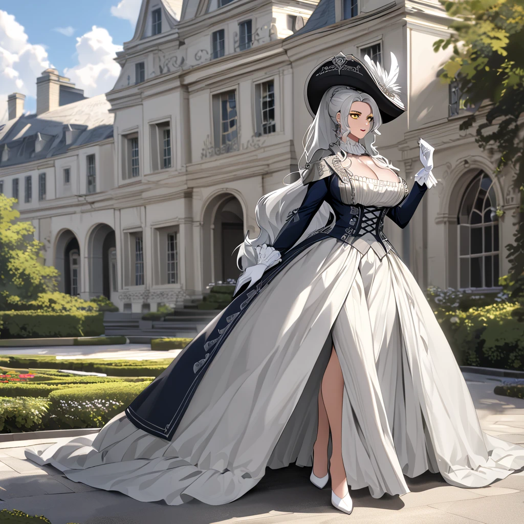 A woman wearing a British lady's dress from the 1700s, gray dress with silver details, large breasts, perfect face, perfect eyes, perfect lips, long sleeves, luxury madam's hat with white feathers and silver details, long white hair , ponytail hair, white gloves, white heels, yellow eyes, standing, walking on a concrete sidewalk in a luxury garden, a mansion in the background, British aesthetics from the 1700s,
