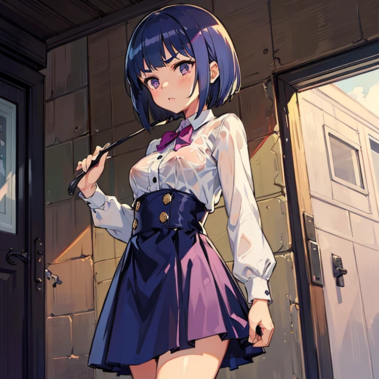 Young girl with blue hair,short straight hair and short bangs (purple eyes),, ((small bushy eyebrows)), wearing gothic ****ta clothing, ****con , medium large breast, breasts out of blouse, walking to school, bored look, bored face, , lifting her skirt to show her vagina wet with semen, having sex
