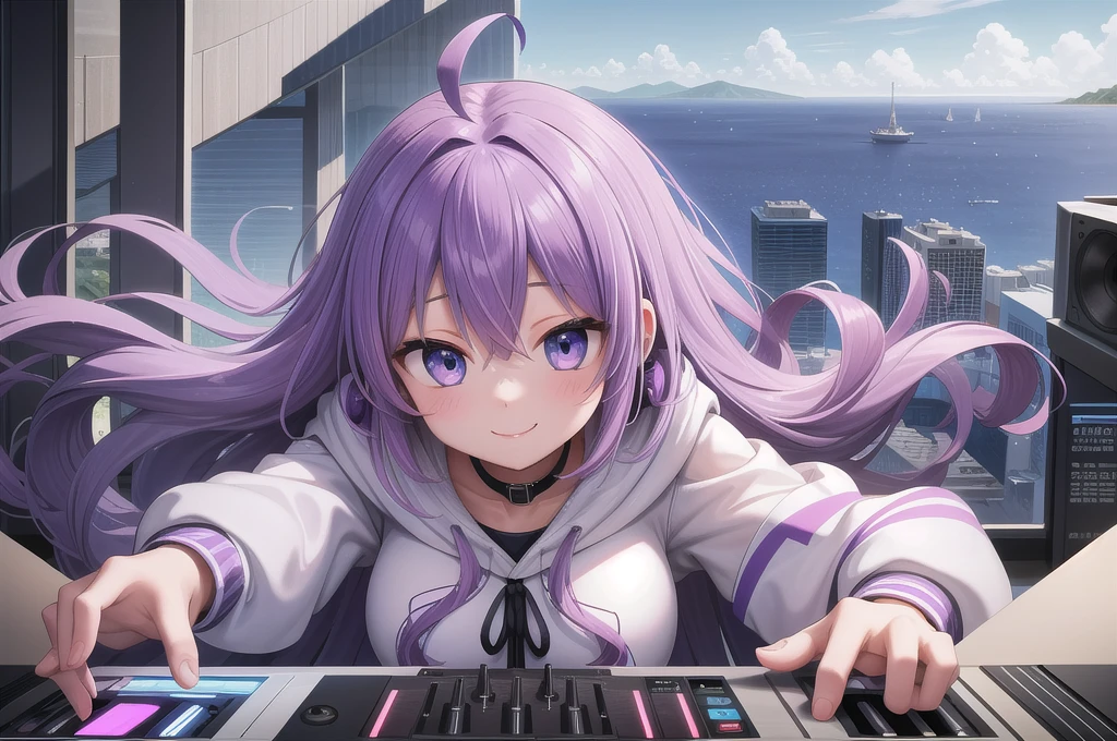 One girl, alone, 20-year-old, Blue Eyes, Purple Hair, Long, beautiful wavy hair, Ahoge, nice smile, White hoodie, Spectacular views, D Cup, Godley, headphone, Detailed DJ equipment, djing, masterpiece, Uplifting, Fine Fingers, 最high quality:1.4, high quality, detailed
