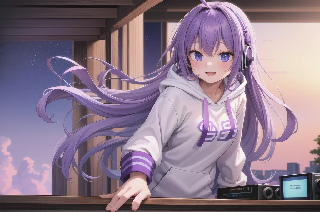 One girl, alone, 20-year-old, Blue Eyes, Purple Hair, Long, beautiful wavy hair, Ahoge, nice smile, White hoodie, Spectacular views, D Cup, Godley, headphone, Detailed DJ equipment, djing, masterpiece, Uplifting, Fine Fingers, 最high quality:1.4, high quality, detailed