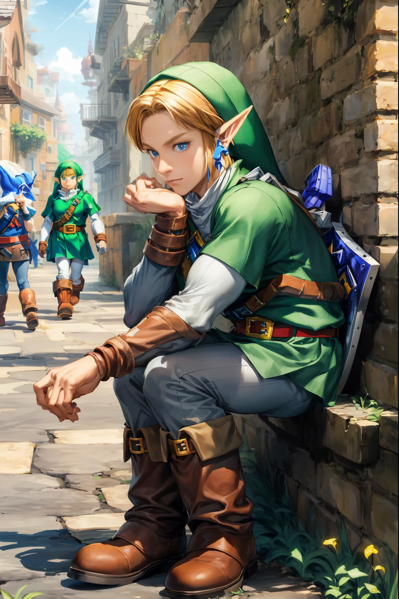 full body shot:1.3, realist, (Masterpiece, Superior quality, Best Quality, Official Arts,), Very detailed, more detailed, (1 elfo adulto The Legend of Zelda:1.5), gods, by rubio, Mysterious, Handsome man, green hood, Brown boots, leather belt,((Zelda style)), Meadow, Streets of the city, Shepherds, pale green clothing, decorations on clothes, individual braids,