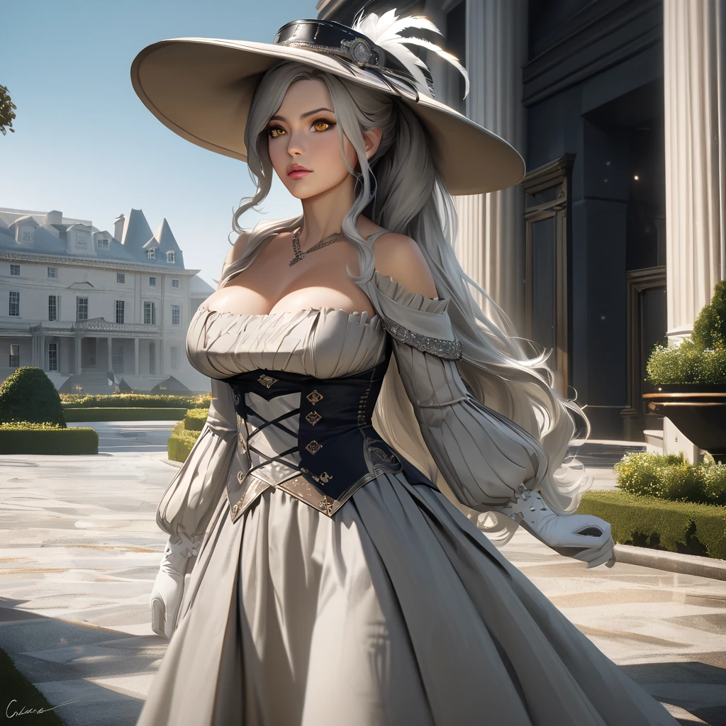 A woman wearing a British lady's dress from the 1700s, gray dress with silver details, large breasts, perfect face, perfect eyes, perfect lips, long sleeves, luxury madam's hat with white feathers and silver details, long white hair , ponytail hair, white gloves, white heels, yellow eyes, standing, walking on a concrete sidewalk in a luxury garden, a mansion in the background, British aesthetics from the 1700s,,realistic, (woman alone),UHD , prime work , accurate , anatomically correct , textured skin , super details , high quality , best quality, 8k, high resolution, bokeh effect
