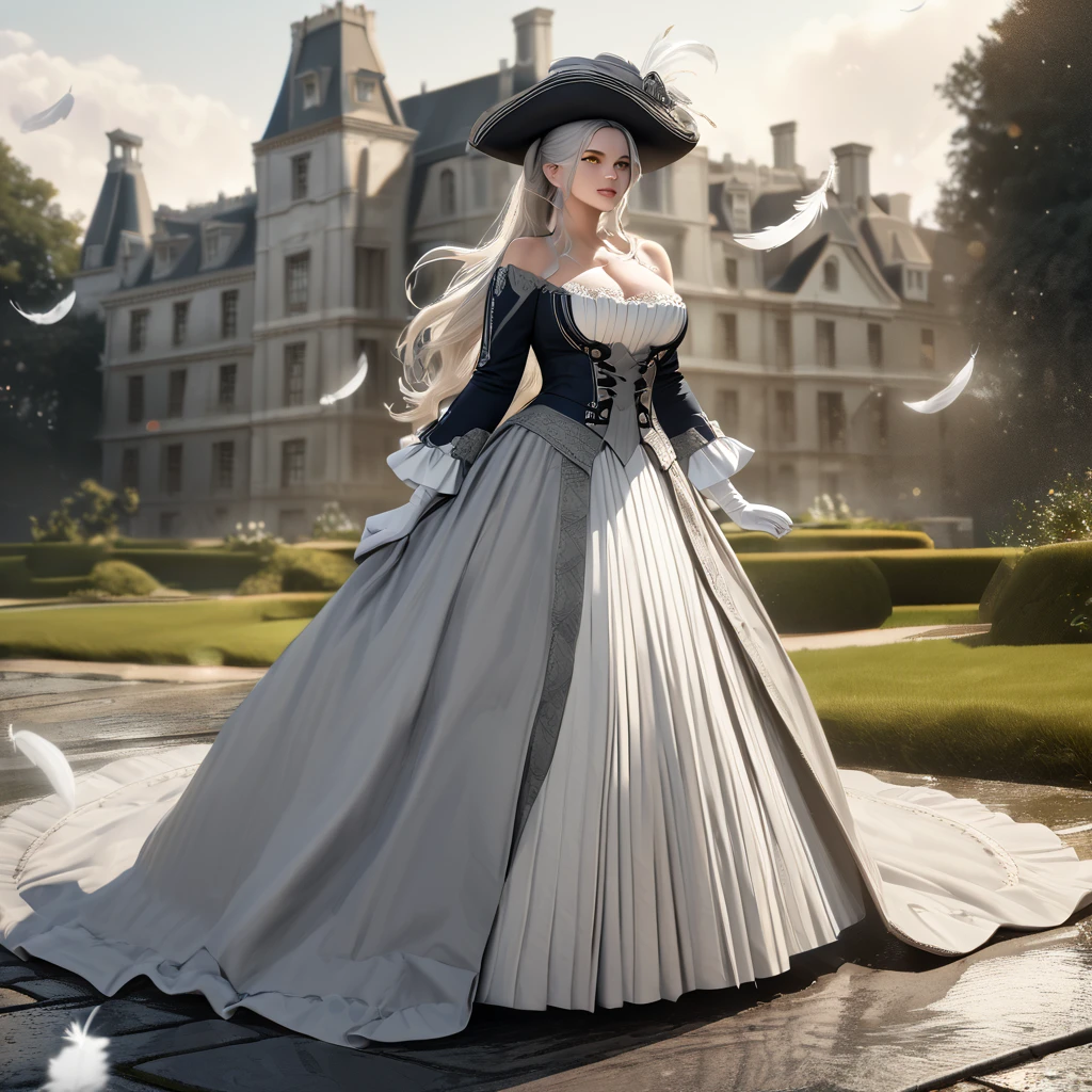 A woman wearing a British lady's dress from the 1700s, gray dress with silver details, large breasts, perfect face, perfect eyes, perfect lips, long sleeves, luxury madam's hat with white feathers and silver details, long white hair , ponytail hair, white gloves, white heels, yellow eyes, standing, walking on a concrete sidewalk in a luxury garden, a mansion in the background, British aesthetics from the 1700s,,realistic, (woman alone),UHD , prime work , accurate , anatomically correct , textured skin , super details , high quality , best quality, 8k, high resolution, bokeh effect
