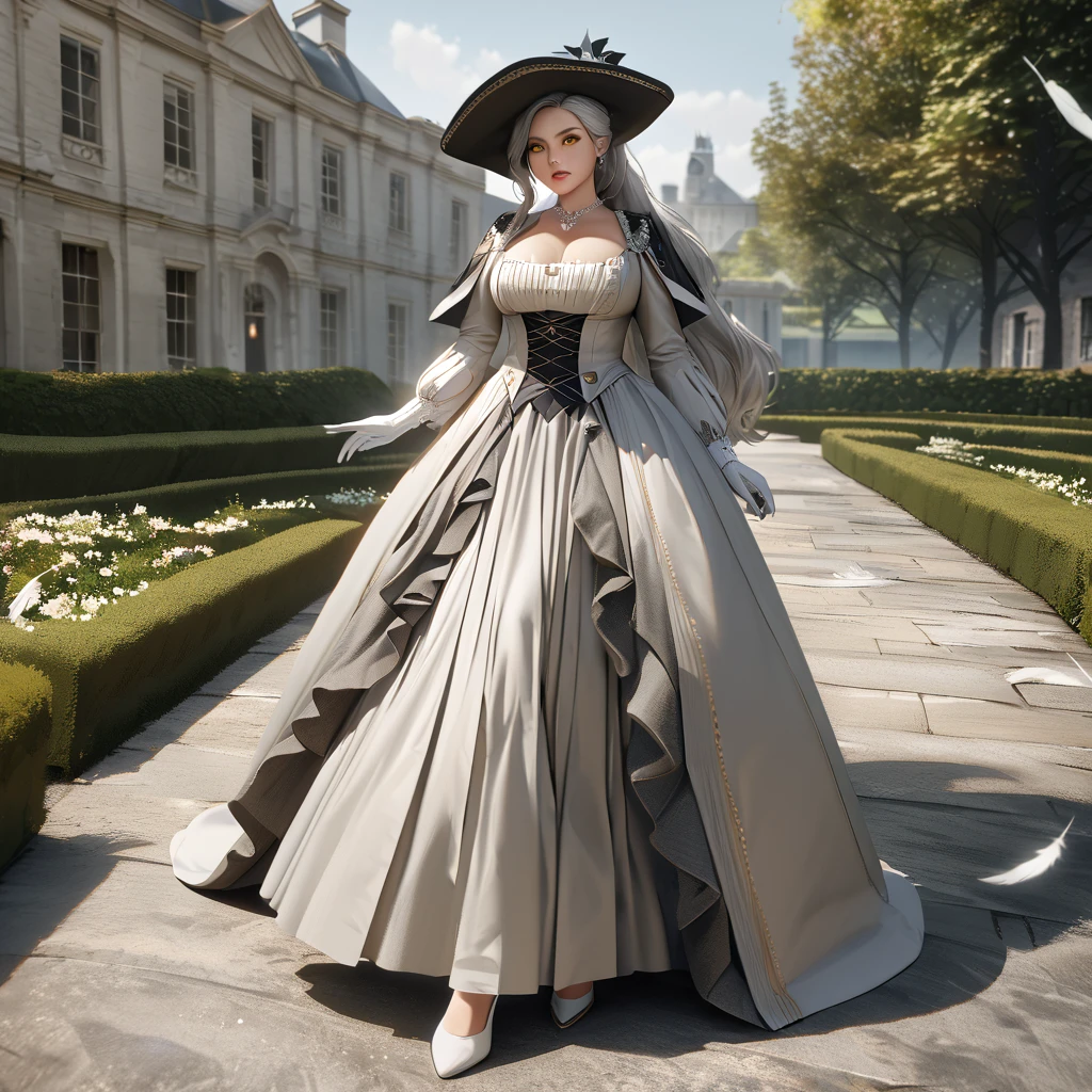 A woman wearing a British lady's dress from the 1700s, gray dress with silver details, large breasts, perfect face, perfect eyes, perfect lips, long sleeves, luxury madam's hat with white feathers and silver details, long white hair , ponytail hair, white gloves, white heels, yellow eyes, standing, walking on a concrete sidewalk in a luxury garden, a mansion in the background, British aesthetics from the 1700s,,realistic, (woman alone),UHD , prime work , accurate , anatomically correct , textured skin , super details , high quality , best quality, 8k, high resolution, bokeh effect
