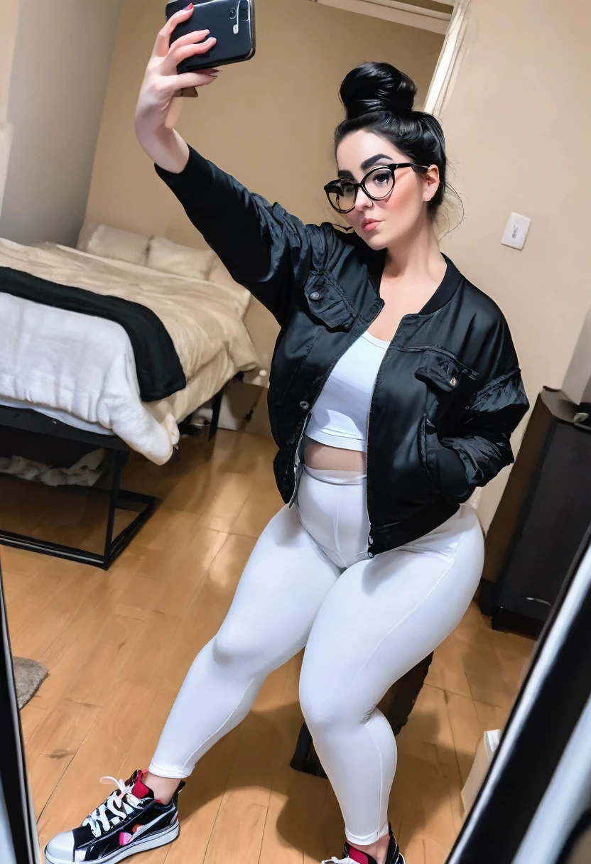white girl a little chubby, culona, wide legs, waist a little big, with black leggings, a black and white jacket, short black hair with bun and oval glasses, taking a selfie of their entire body in the mirror, small stature
