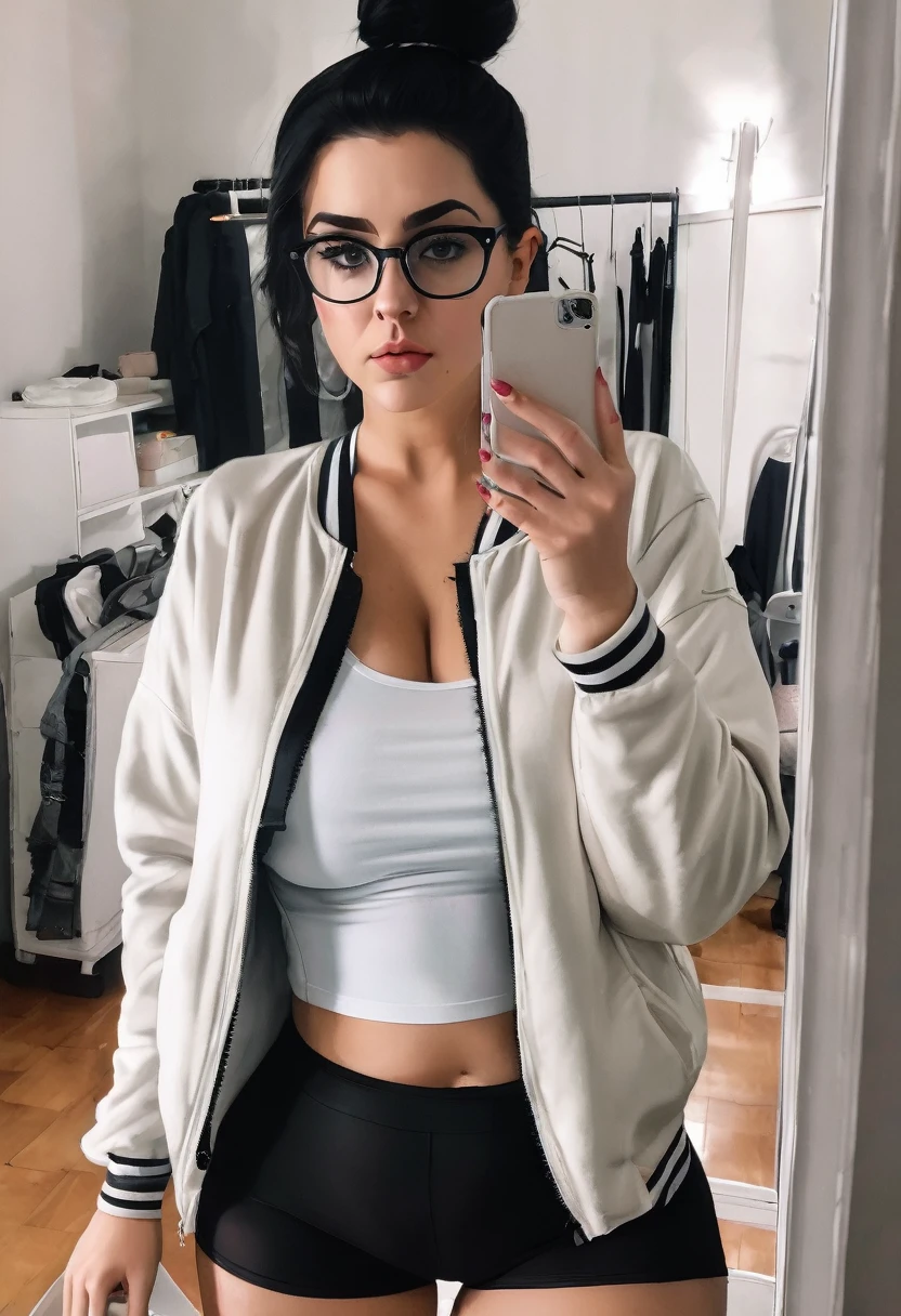 white girl a little chubby, culona, wide legs, waist a little big, with black leggings, a black and white jacket, short black hair with bun and oval glasses, taking a selfie of their entire body in the mirror, small stature