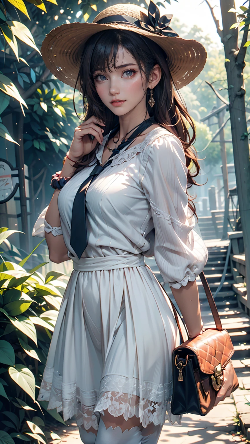 24-year-old female、Long eyelashes、Beautiful appearance、White summer dress decorated with lace、Brown Hair、Side Ponytail((Tie it up with a scrunchie))、Sunlight filtering through the trees、Forest Walk、Walking、Cute handbag、Sandals、Wide-brimmed hat decorated with ribbon((Capelin))、Wear a brightly colored scarf around your neck、Lady style、smile、Hold the brim of your hat