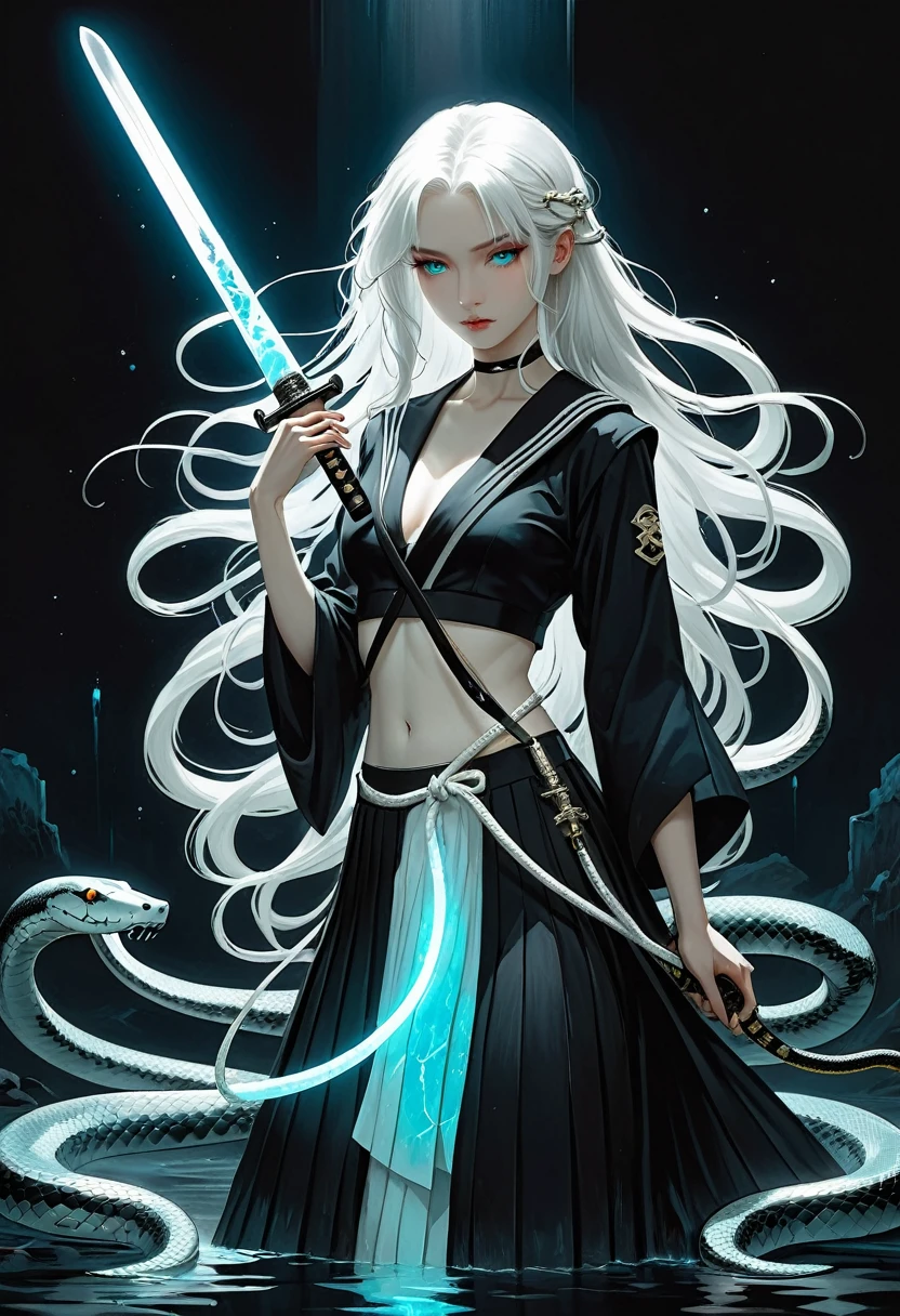 (style of santiago caruso:1.1)，1 Girl，Unique，Long white hair，Black Sailor Suit Pleated Skirt Set，Holding a Japanese sword，(((A transparent bioluminescent bone snake wrapped around the body)))