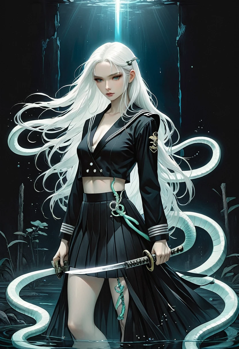 (style of santiago caruso:1.1)，1 Girl，Unique，Long white hair，Black Sailor Suit Pleated Skirt Set，Holding a Japanese sword，(((A transparent bioluminescent bone snake wrapped around the body)))